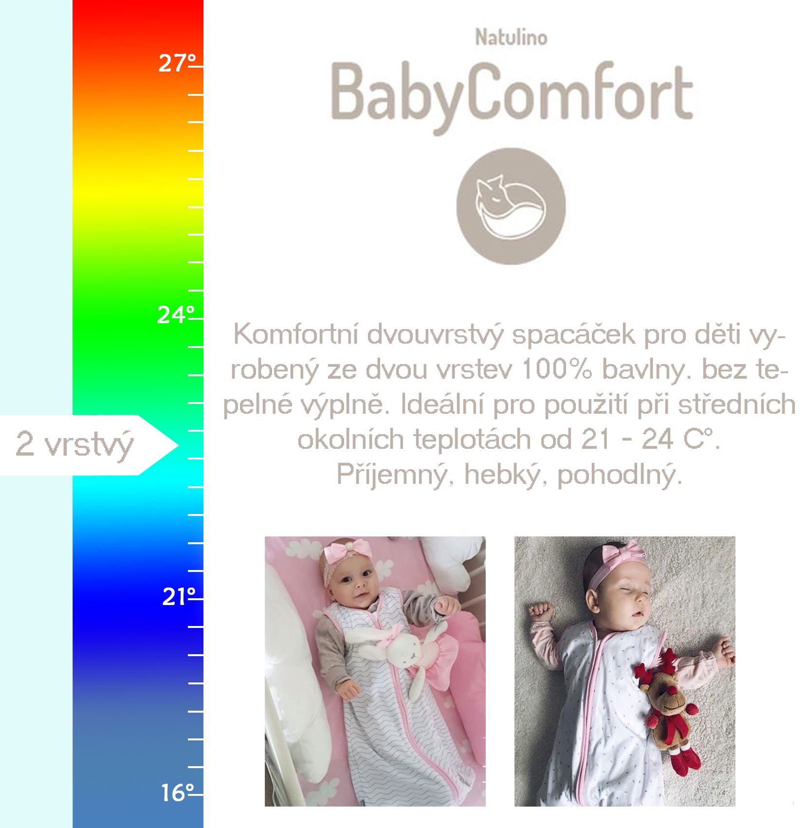 Natulino dětský spací pytel pro miminko, NATURAL PINK WHITE WAVES / WHITE, 2vrstvý, L (12 - 18 měsíců) - obrázek 8