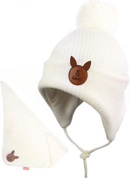 Bexa Bexa dvouvrstvá čepice Bajo Baby na zavazování s bambulí + šátek, bílá, vel. 68/80 68-80 (6-12m) - obrázek 1