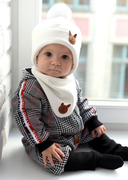Bexa Bexa dvouvrstvá čepice Bajo Baby na zavazování s bambulí + šátek, bílá, vel. 68/80 68-80 (6-12m) - obrázek 2