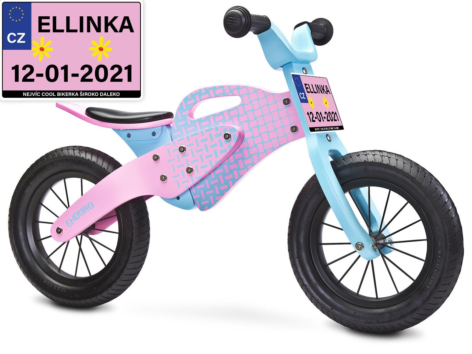 Dětské odrážedlo Enduro značky Toyz, dřevěné, barva růžová, s osobní SPZ Text na SPZ: Budoucí vítěz (vítězka) Tour de France, Barva SPZ: růžová - obrázek 1