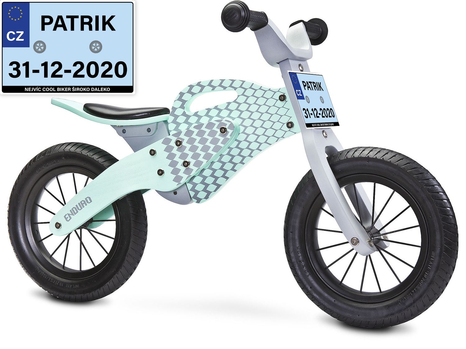 Dětske odrážedlo Enduro značky Toyz, dřevěné, barva mátová, s osobní SPZ Text na SPZ: Budoucí cyklistická star, Barva SPZ: růžová - obrázek 1