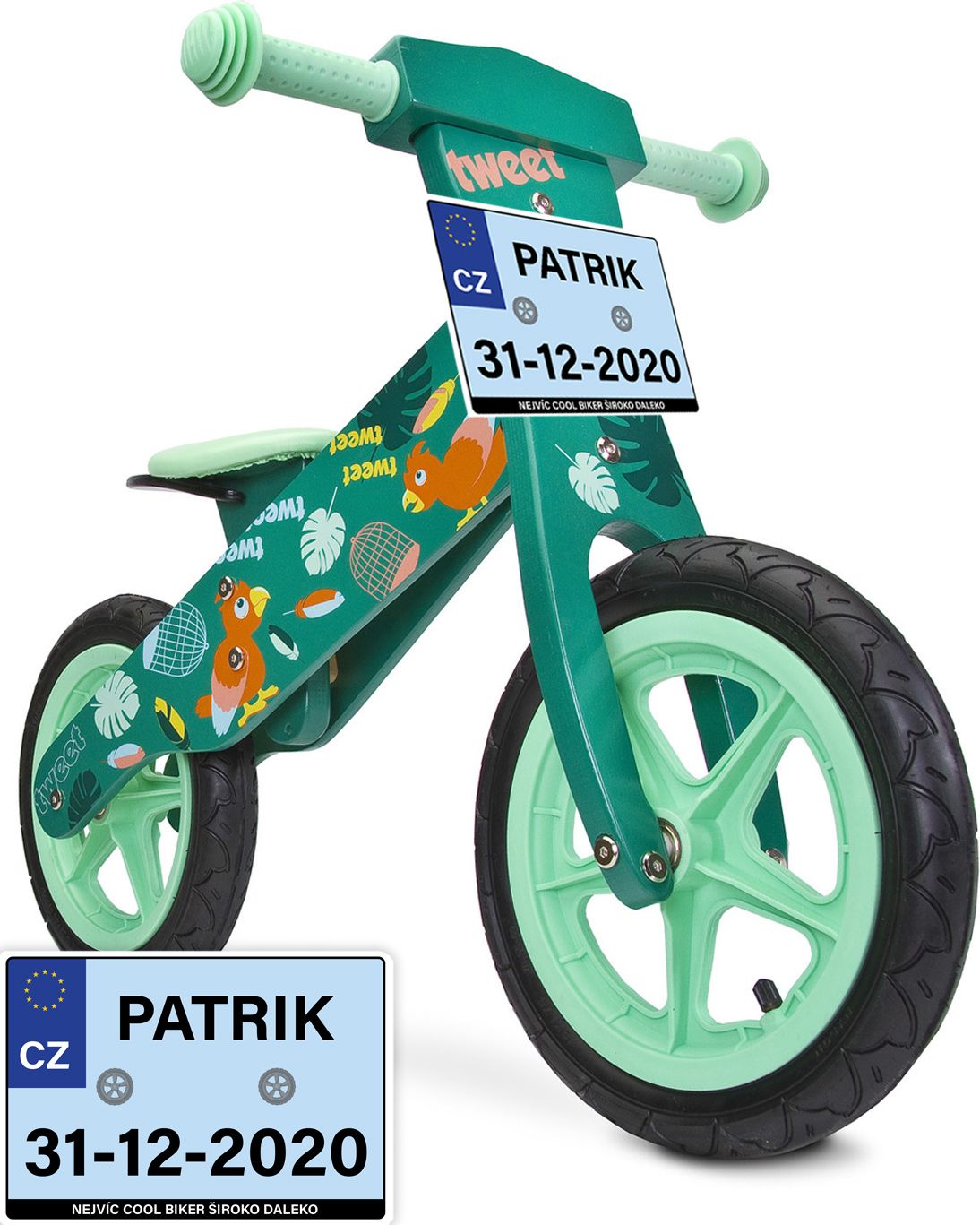 Dětské odrážedlo Zap značky Toyz, dřevěné, barva zelená, s osobní SPZ Text na SPZ: Nejvíc cool biker (bikerka) široko daleko, Barva SPZ: modrá - obrázek 2