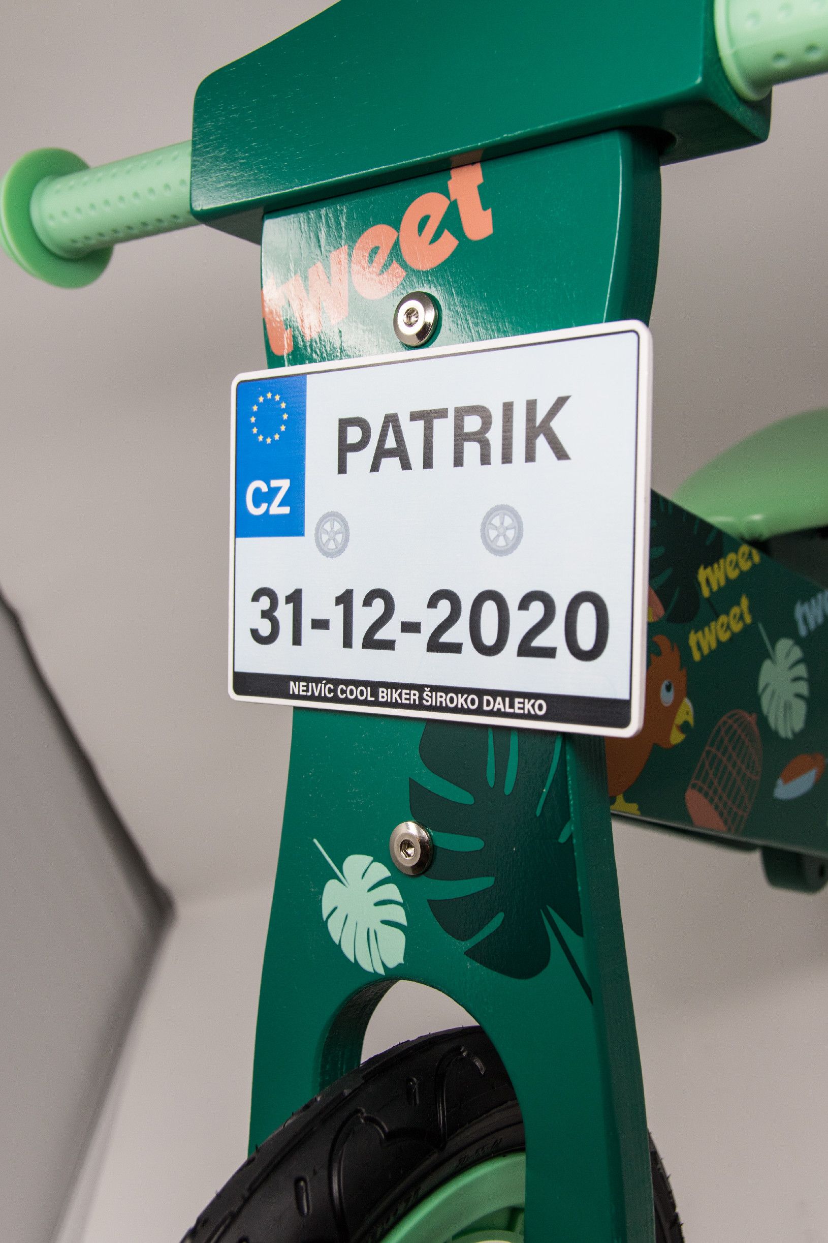 Dětské odrážedlo Zap značky Toyz, dřevěné, barva zelená, s osobní SPZ Text na SPZ: Nejvíc cool biker (bikerka) široko daleko, Barva SPZ: modrá - obrázek 3