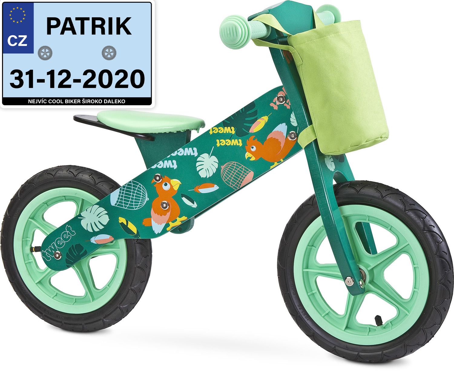 Dětské odrážedlo Zap značky Toyz, dřevěné, barva zelená, s osobní SPZ Text na SPZ: MiniSagan, Barva SPZ: modrá - obrázek 1