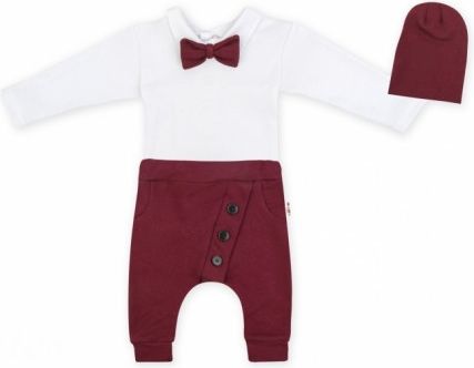 Baby Nellys 3-dílná sada Hubert, body s motýlkem dl.rukáv, tepláčky a čepička - bordo, Velikost koj. oblečení 68 (3-6m) - obrázek 1