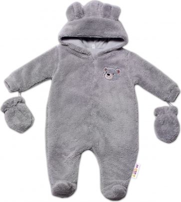 Baby Nellys Chlupáčkový overal Luna s kapucí + rukavičky, Medvídek, šedý - obrázek 1