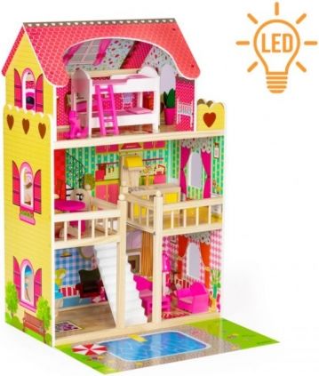 ECO TOYS Dřevěný domeček pro panenky s nábytekem, bazénem a osvětlením - obrázek 1