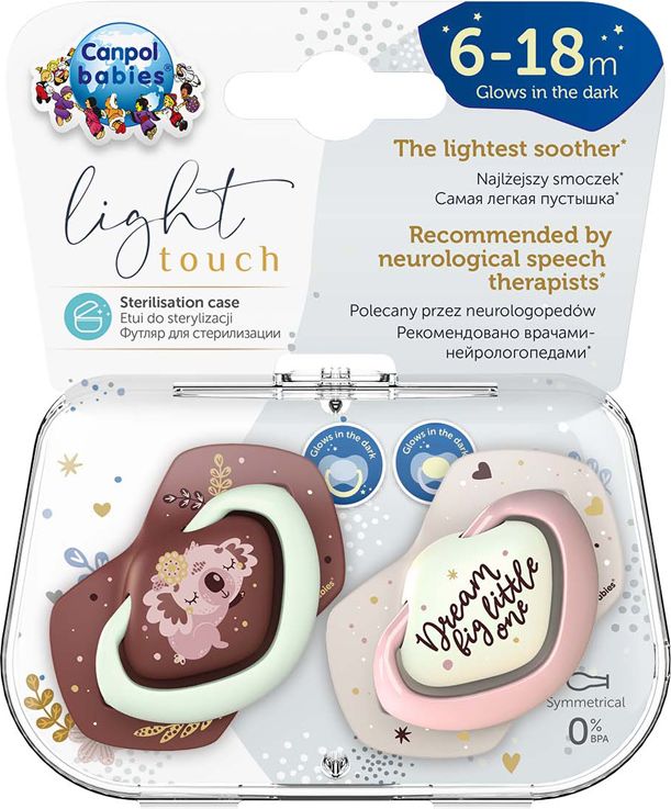 CANPOL BABIES Set symetrických silikonových dudlíků Light touch 6-18m Sleepy koala růžový - obrázek 2