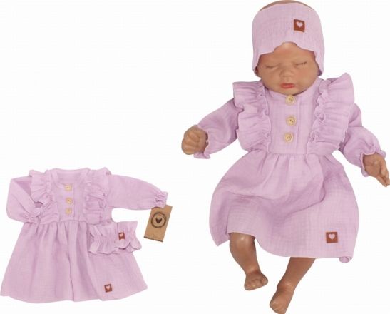 Z&Z 2-dílná sada mušelínové šatičky s volánkem + čelenka, lila, vel. 68