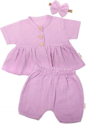 Baby Nellys 3-dílná mušelínová soupravička, tunika/halenka, kraťasky, čelenka, lila - obrázek 1