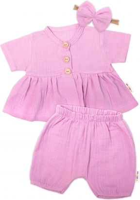 Baby Nellys  3-dílná mušelínová soupravička, tunika/halenka, kraťasky, čelenka, růžová