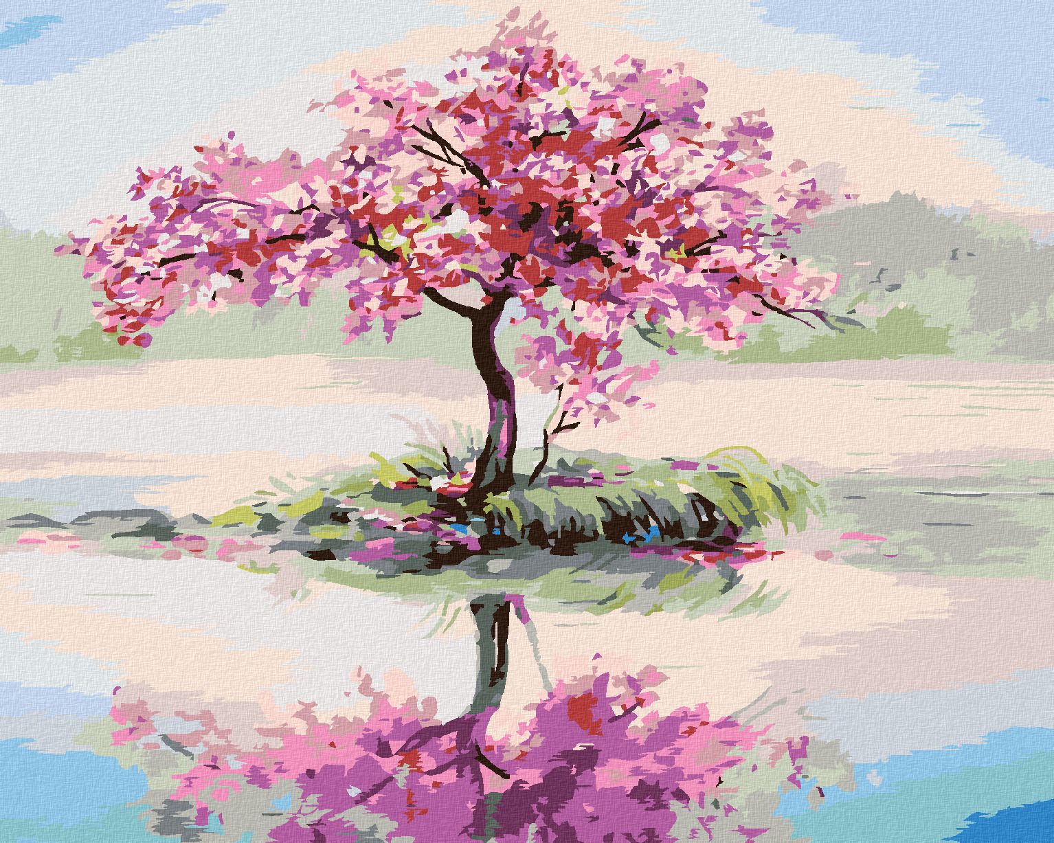 zuty Malování podle čísel - ROZKVETLÁ SAKURA U JEZERA - Rozměr: 40x50 cm, Rámování: Varianta: bez rámu a bez vypnutí plátna - obrázek 1