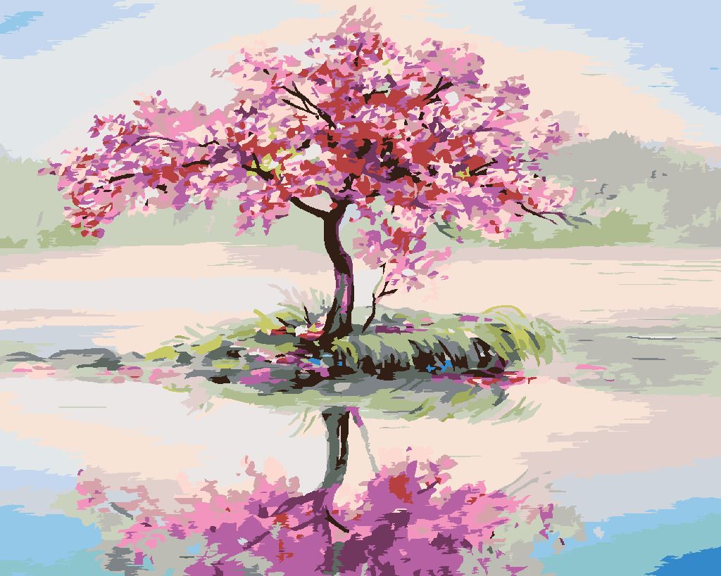 zuty Malování podle čísel - ROZKVETLÁ SAKURA U JEZERA - Rozměr: 40x50 cm, Rámování: Varianta: bez rámu a bez vypnutí plátna - obrázek 2