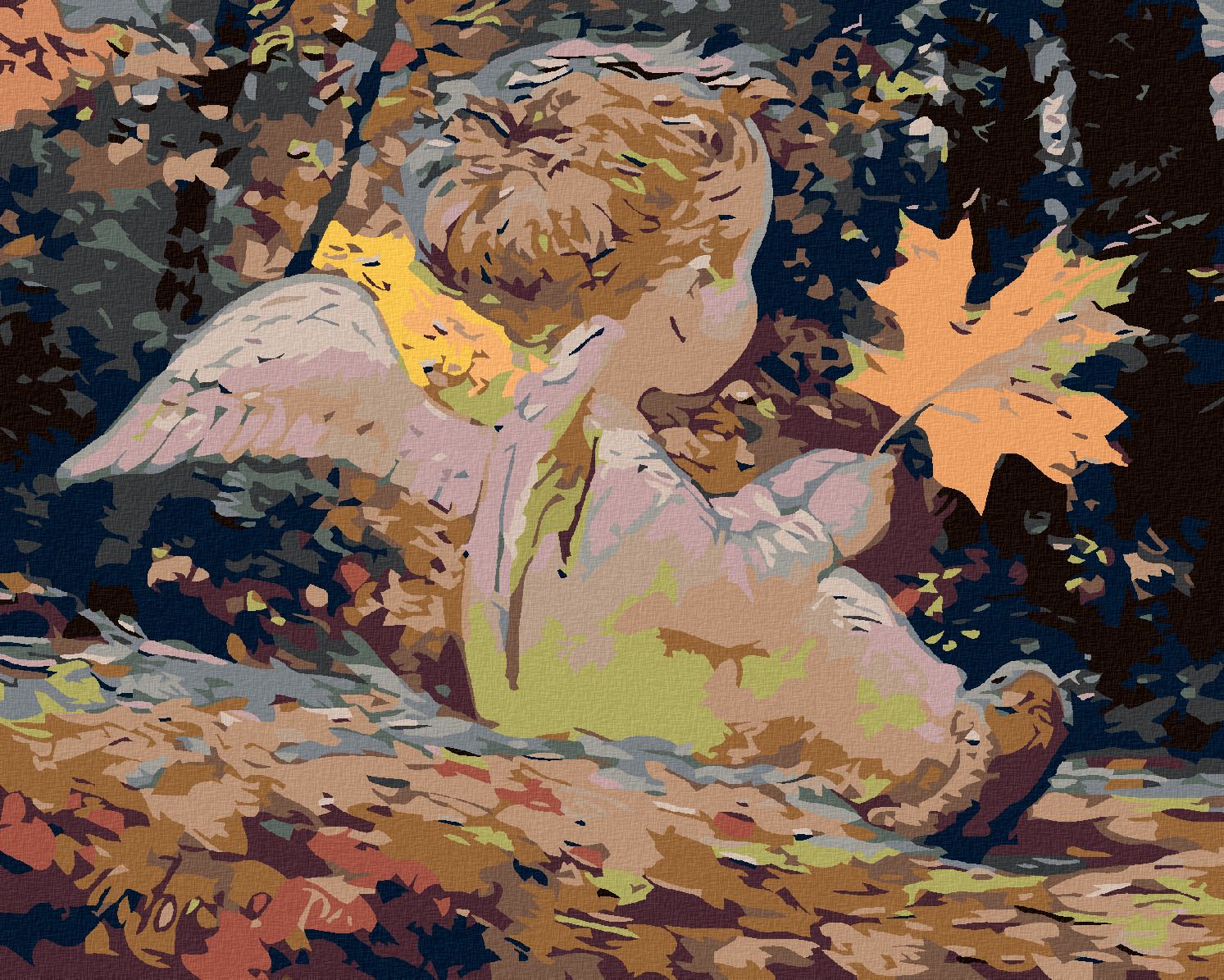 zuty Malování podle čísel - ANDÍLEK S JAVOROVÝM LÍSTKEM - Rozměr: 40x50 cm, Rámování: Varianta: vypnuté plátno na rám - obrázek 1