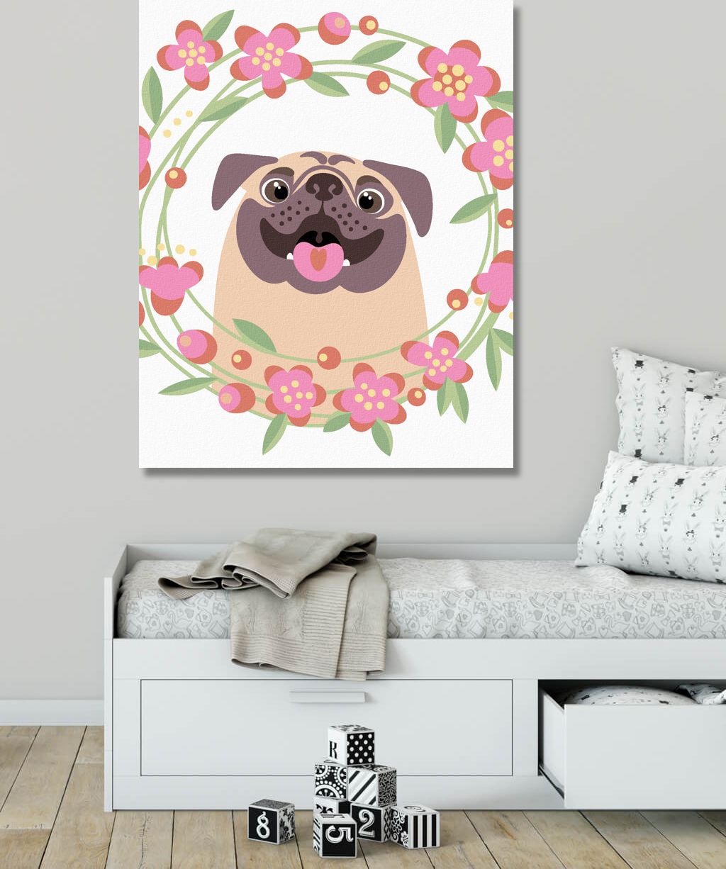 zuty Malování podle čísel - ŠŤASTNÝ MOPS S KVĚTINAMI - Rozměr: 40x50 cm, Rámování: Varianta: vypnuté plátno na rám - obrázek 5