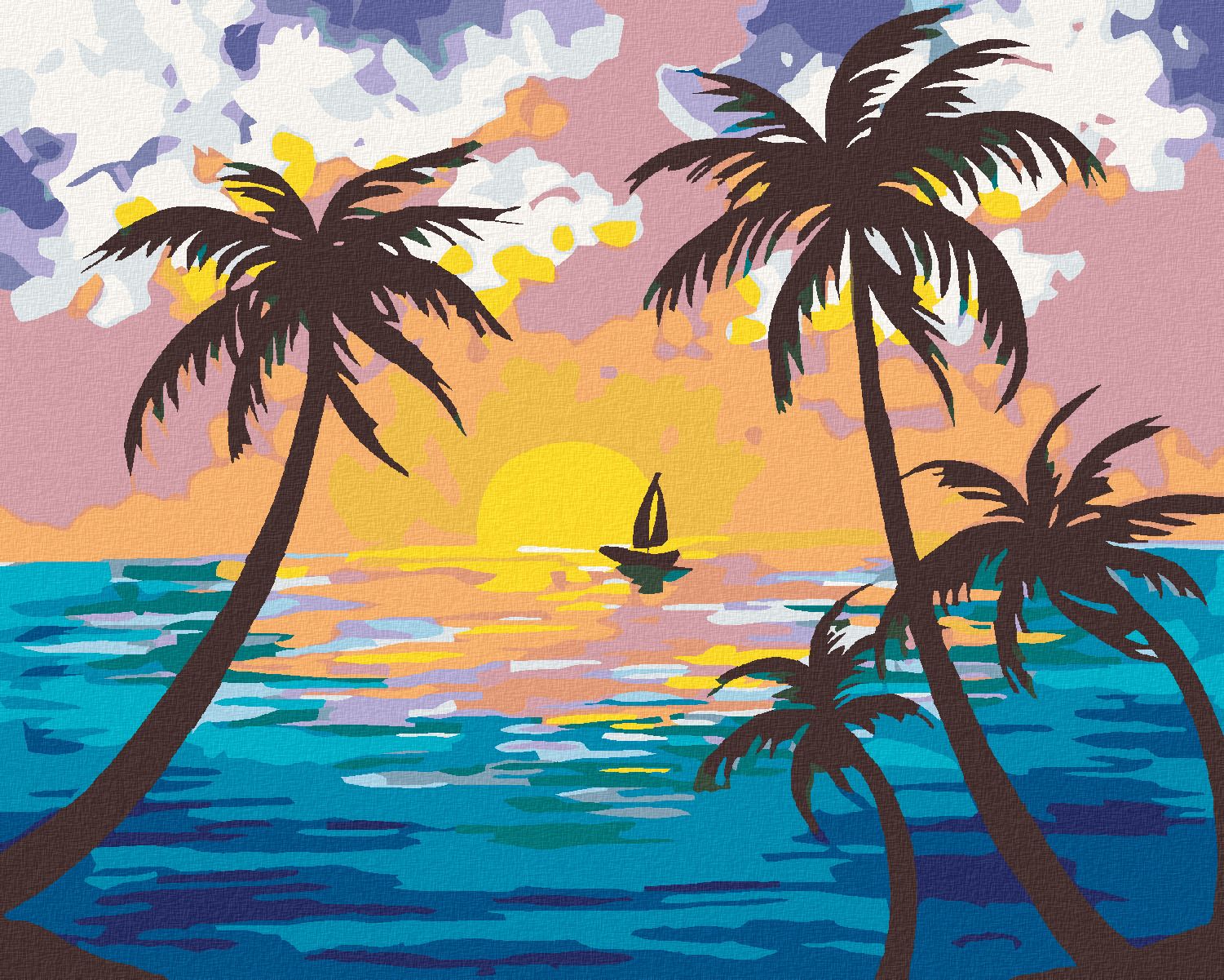 zuty Malování podle čísel - ZÁPAD SLUNCE ZA PALMAMI - Rozměr: 40x50 cm, Rámování: Varianta: bez rámu a bez vypnutí plátna - obrázek 1