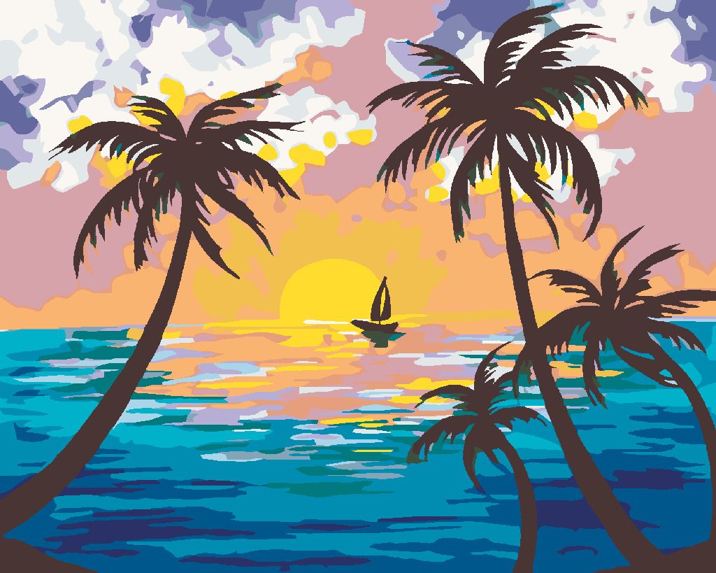 zuty Malování podle čísel - ZÁPAD SLUNCE ZA PALMAMI - Rozměr: 40x50 cm, Rámování: Varianta: bez rámu a bez vypnutí plátna - obrázek 4