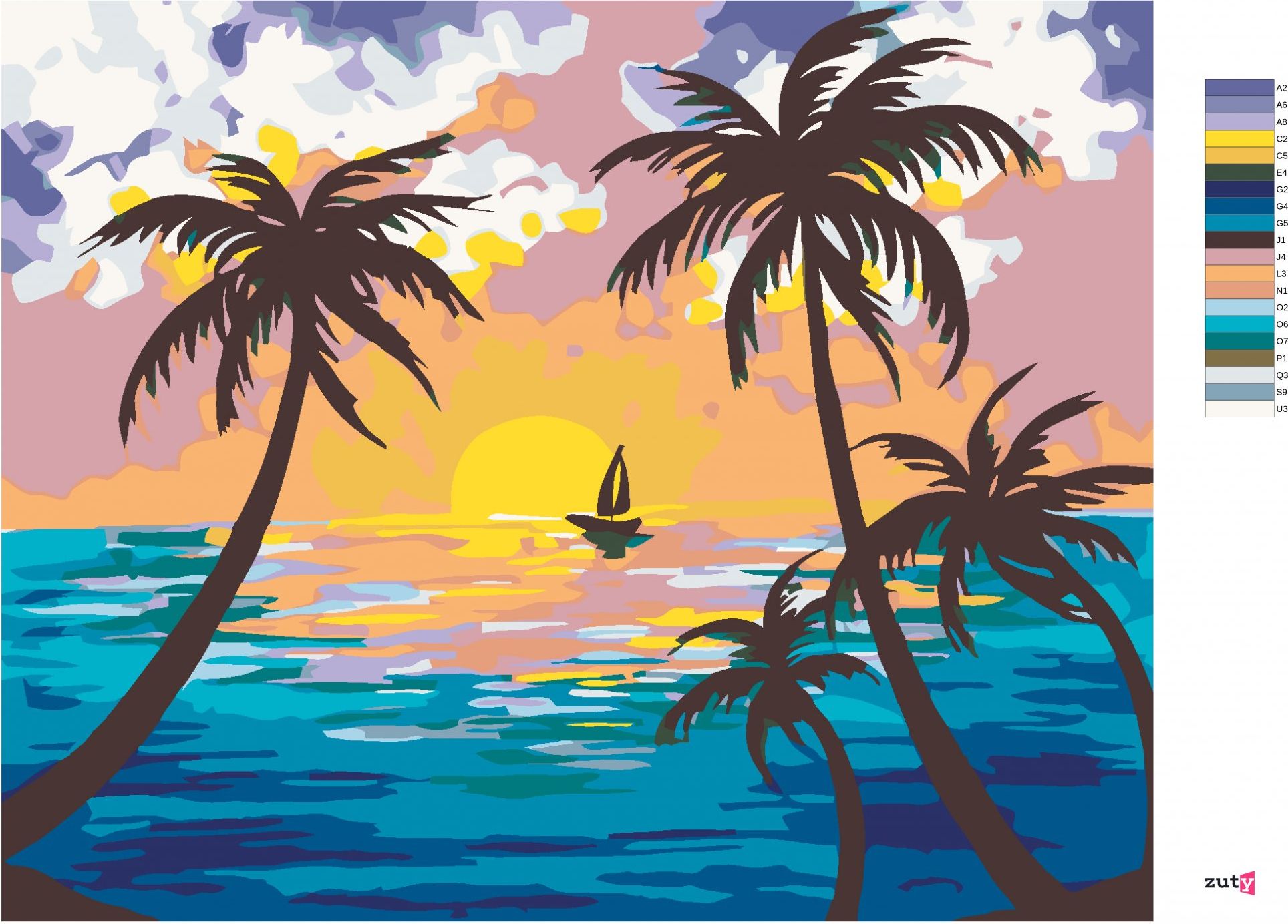 zuty Malování podle čísel - ZÁPAD SLUNCE ZA PALMAMI - Rozměr: 40x50 cm, Rámování: Varianta: bez rámu a bez vypnutí plátna - obrázek 7