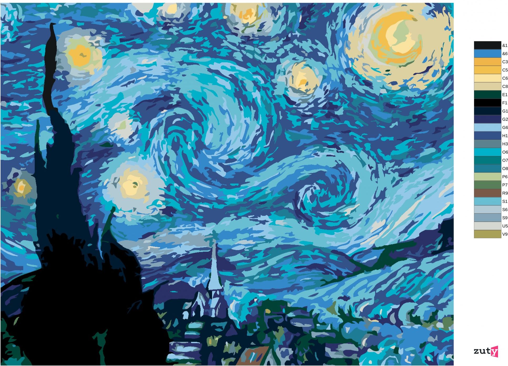 zuty Malování podle čísel - HVĚZDNÁ NOC (VAN GOGH) - Rozměr: 40x50 cm, Rámování: Varianta: bez rámu a bez vypnutí plátna - obrázek 3