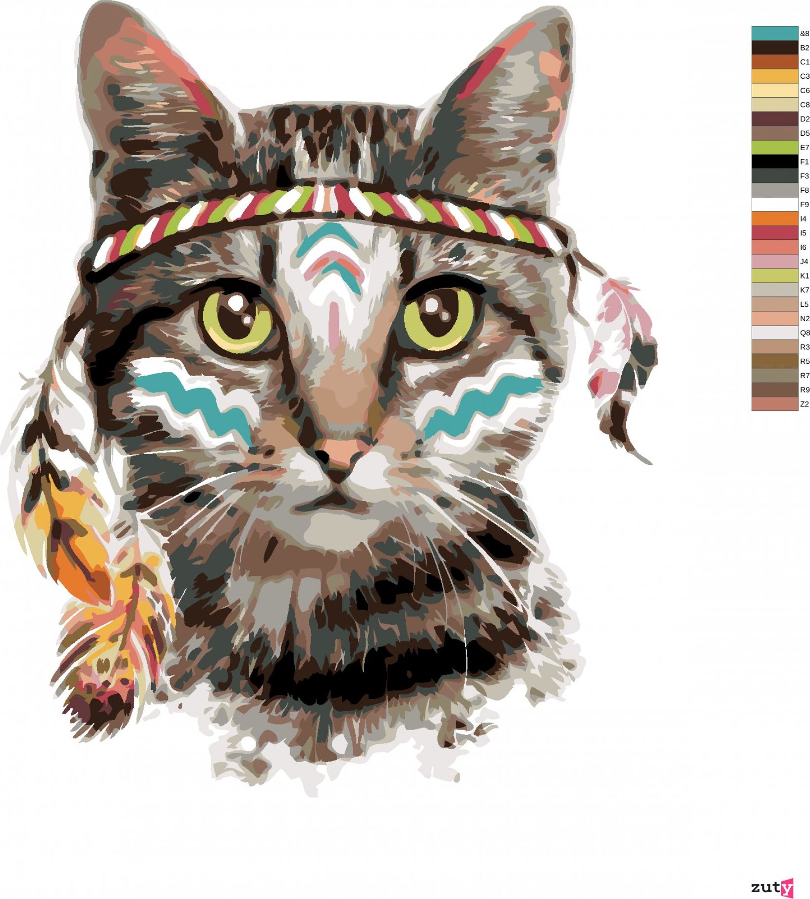zuty Malování podle čísel - KOČKA S INDIÁNSKOU ČELENKOU - Rozměr: 40x50 cm, Rámování: Varianta: bez rámu a bez vypnutí plátna - obrázek 4