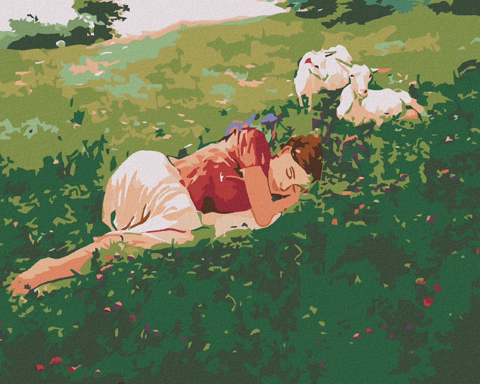 zuty Malování podle čísel - SPÍCÍ ŽENA V TRÁVĚ A KŮZLATA - Rozměr: 40x50 cm, Rámování: Varianta: bez rámu a bez vypnutí plátna - obrázek 1