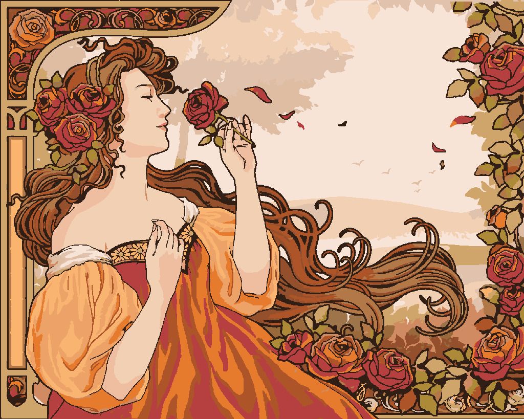 zuty Malování podle čísel - REPRODUKCE ŽENA A RŮŽE (ALFONS MUCHA) - Rozměr: 40x50 cm, Rámování: Varianta: bez rámu a bez vypnutí plátna - obrázek 2
