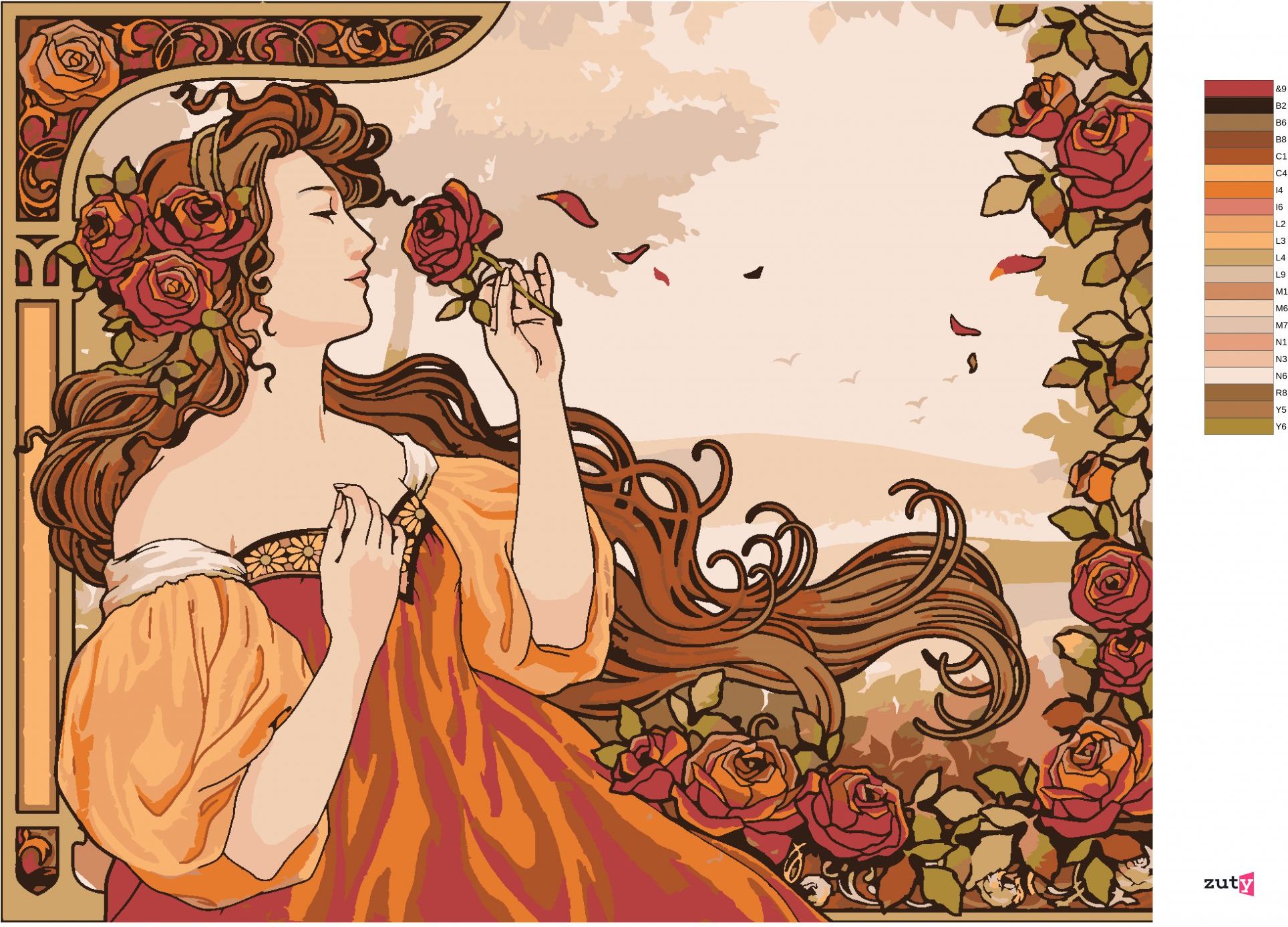 zuty Malování podle čísel - REPRODUKCE ŽENA A RŮŽE (ALFONS MUCHA) - Rozměr: 40x50 cm, Rámování: Varianta: bez rámu a bez vypnutí plátna - obrázek 3