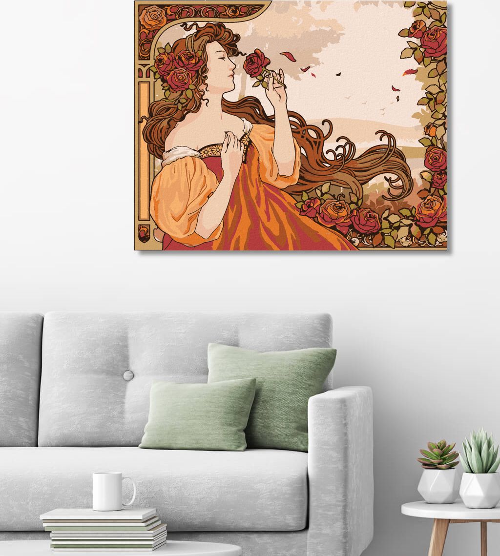 zuty Malování podle čísel - REPRODUKCE ŽENA A RŮŽE (ALFONS MUCHA) - Rozměr: 40x50 cm, Rámování: Varianta: bez rámu a bez vypnutí plátna - obrázek 4