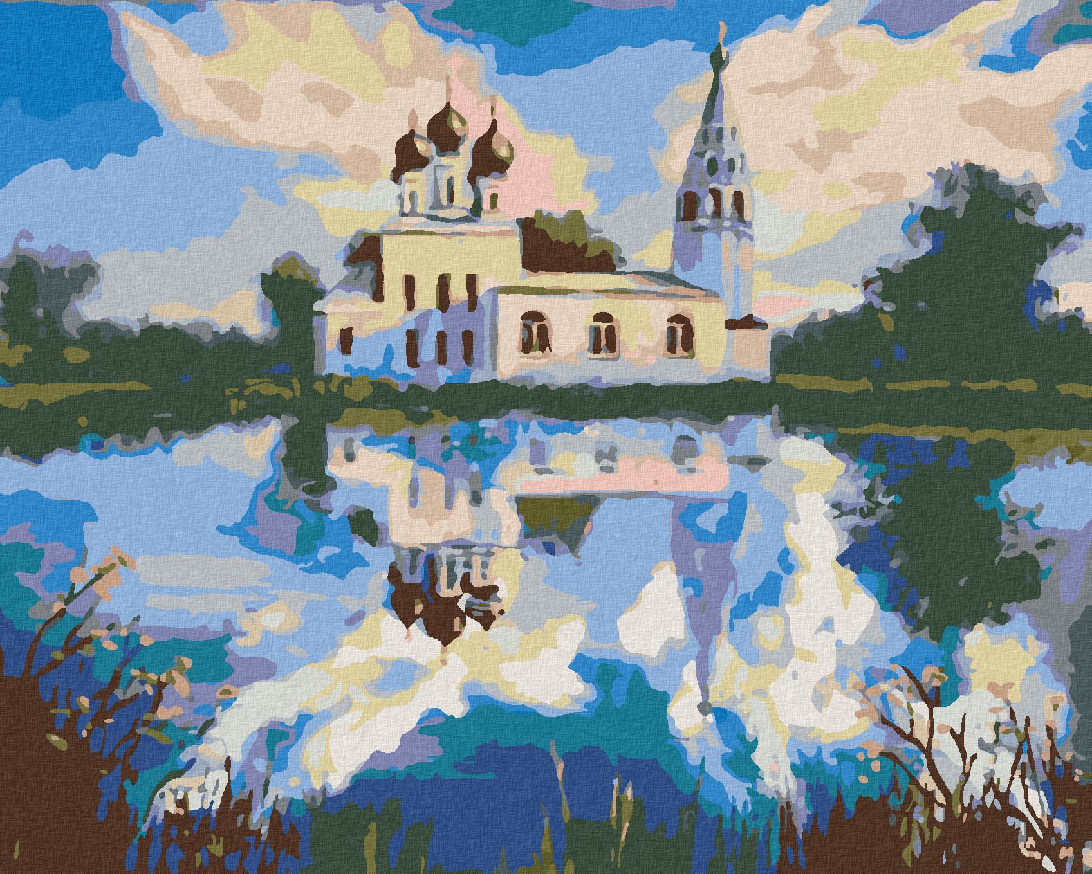 zuty Malování podle čísel - KOSTELÍK U RYBNÍKA - Rozměr: 40x50 cm, Rámování: Varianta: bez rámu a bez vypnutí plátna - obrázek 1