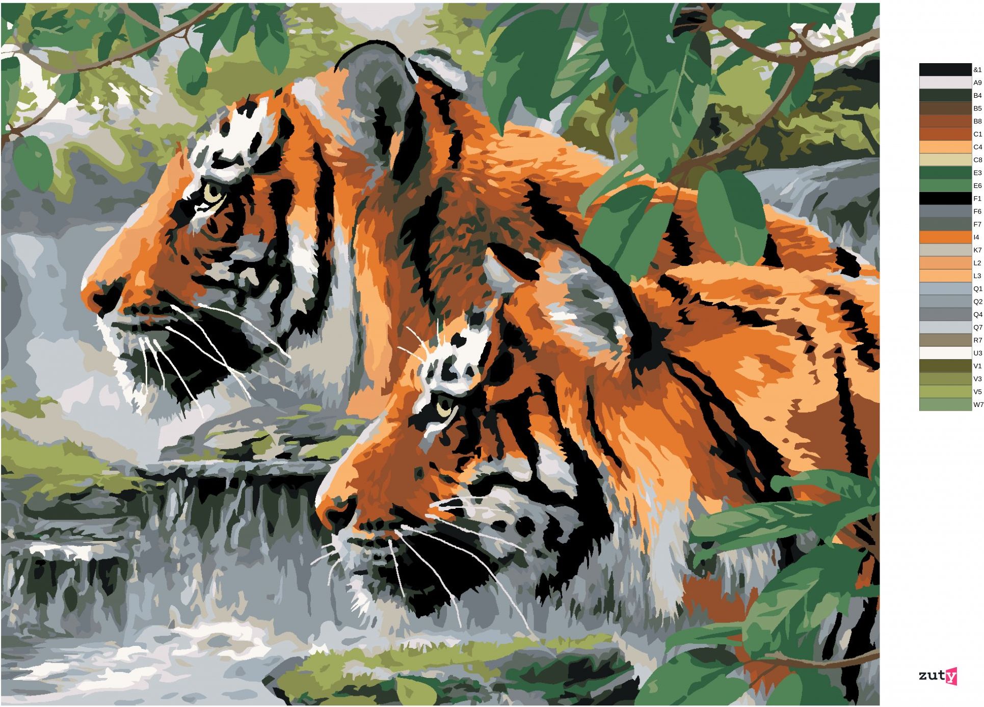 zuty Malování podle čísel - VYHLÍŽEJÍCÍ TYGŘI U ŘEKY (HOWARD ROBINSON) - Rozměr: 40x50 cm, Rámování: Varianta: bez rámu a bez vypnutí plátna - obrázek 10