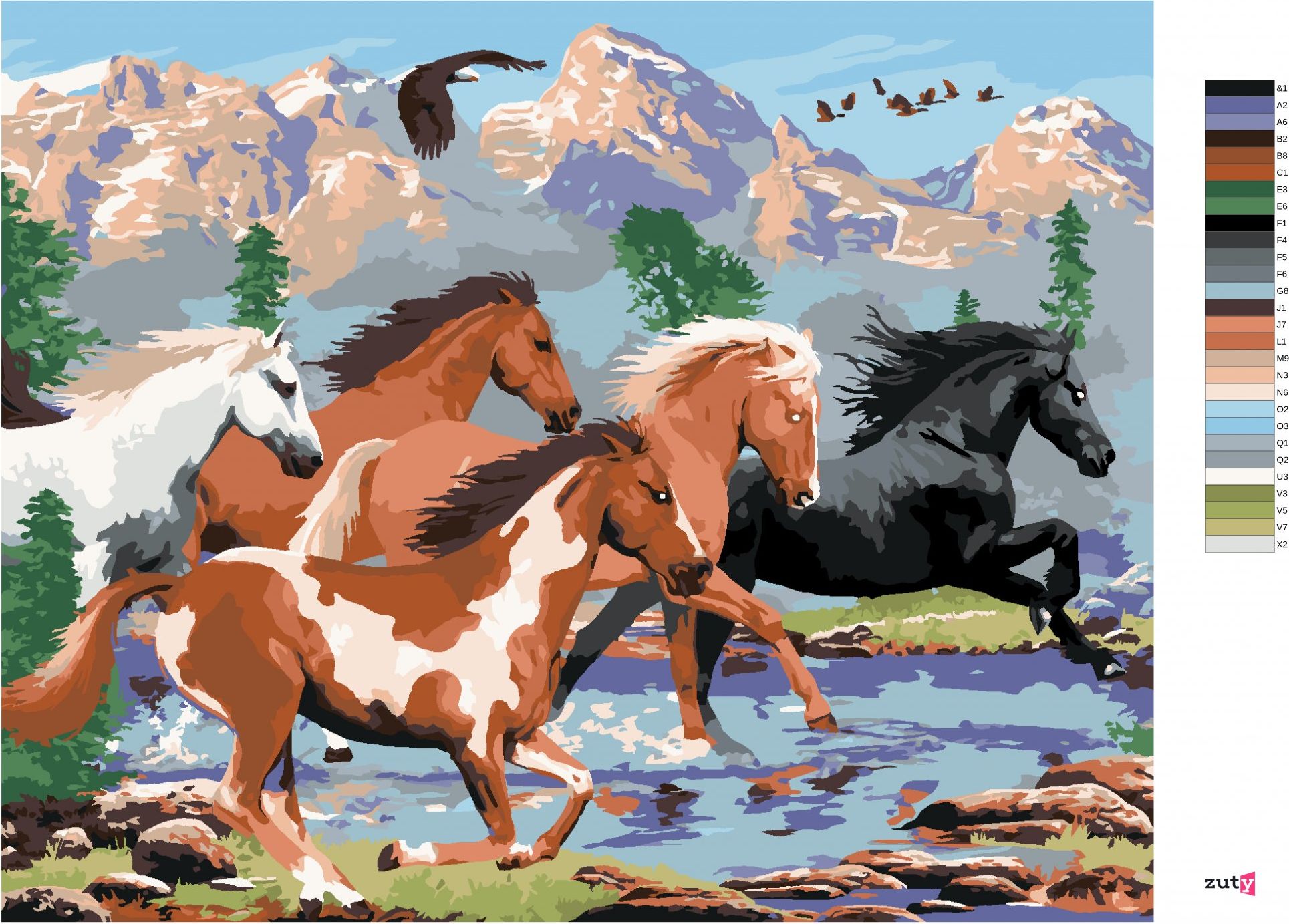 zuty Malování podle čísel - DIVOCÍ KONĚ V HORÁCH (HOWARD ROBINSON) - Rozměr: 40x50 cm, Rámování: Varianta: bez rámu a bez vypnutí plátna - obrázek 5