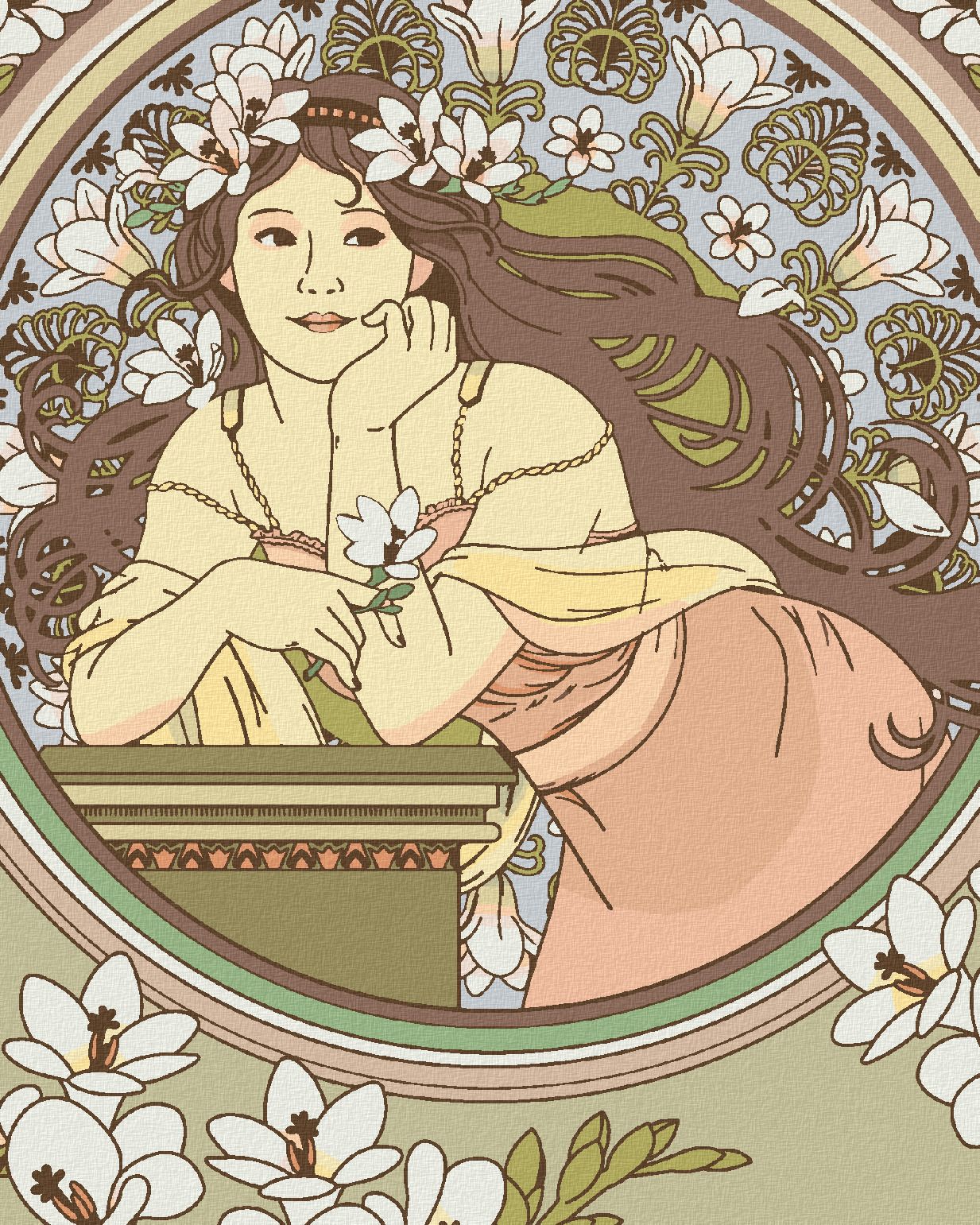 zuty Malování podle čísel - REPRODUKCE ŽENA A BÍLÉ KVĚTINY (ALFONS MUCHA) - Rozměr: 40x50 cm, Rámování: Varianta: vypnuté plátno na rám - obrázek 1