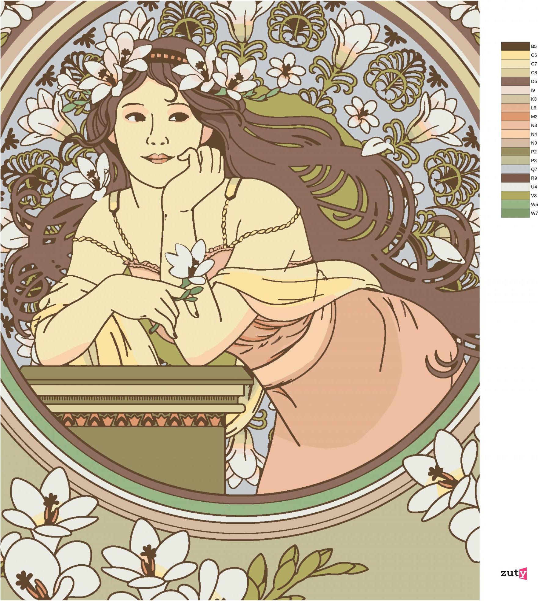 zuty Malování podle čísel - REPRODUKCE ŽENA A BÍLÉ KVĚTINY (ALFONS MUCHA) - Rozměr: 40x50 cm, Rámování: Varianta: vypnuté plátno na rám - obrázek 4