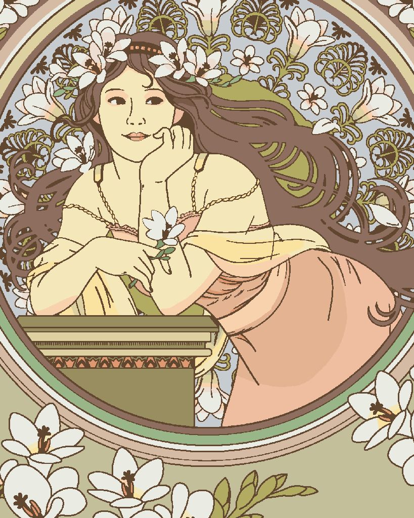 zuty Malování podle čísel - REPRODUKCE ŽENA A BÍLÉ KVĚTINY (ALFONS MUCHA) - Rozměr: 40x50 cm, Rámování: Varianta: vypnuté plátno na rám - obrázek 7