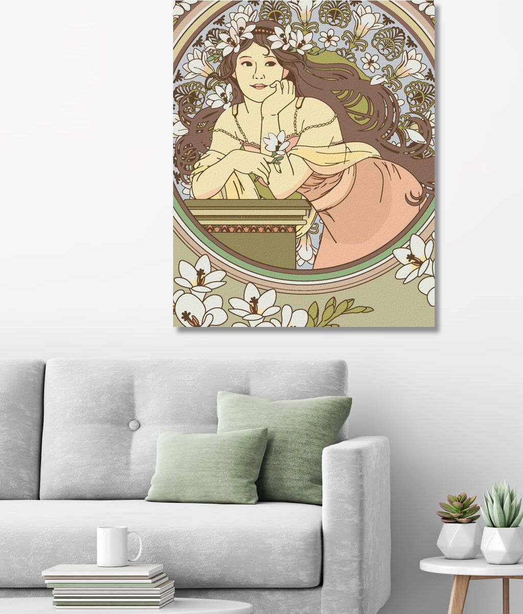 zuty Malování podle čísel - REPRODUKCE ŽENA A BÍLÉ KVĚTINY (ALFONS MUCHA) - Rozměr: 40x50 cm, Rámování: Varianta: vypnuté plátno na rám - obrázek 8