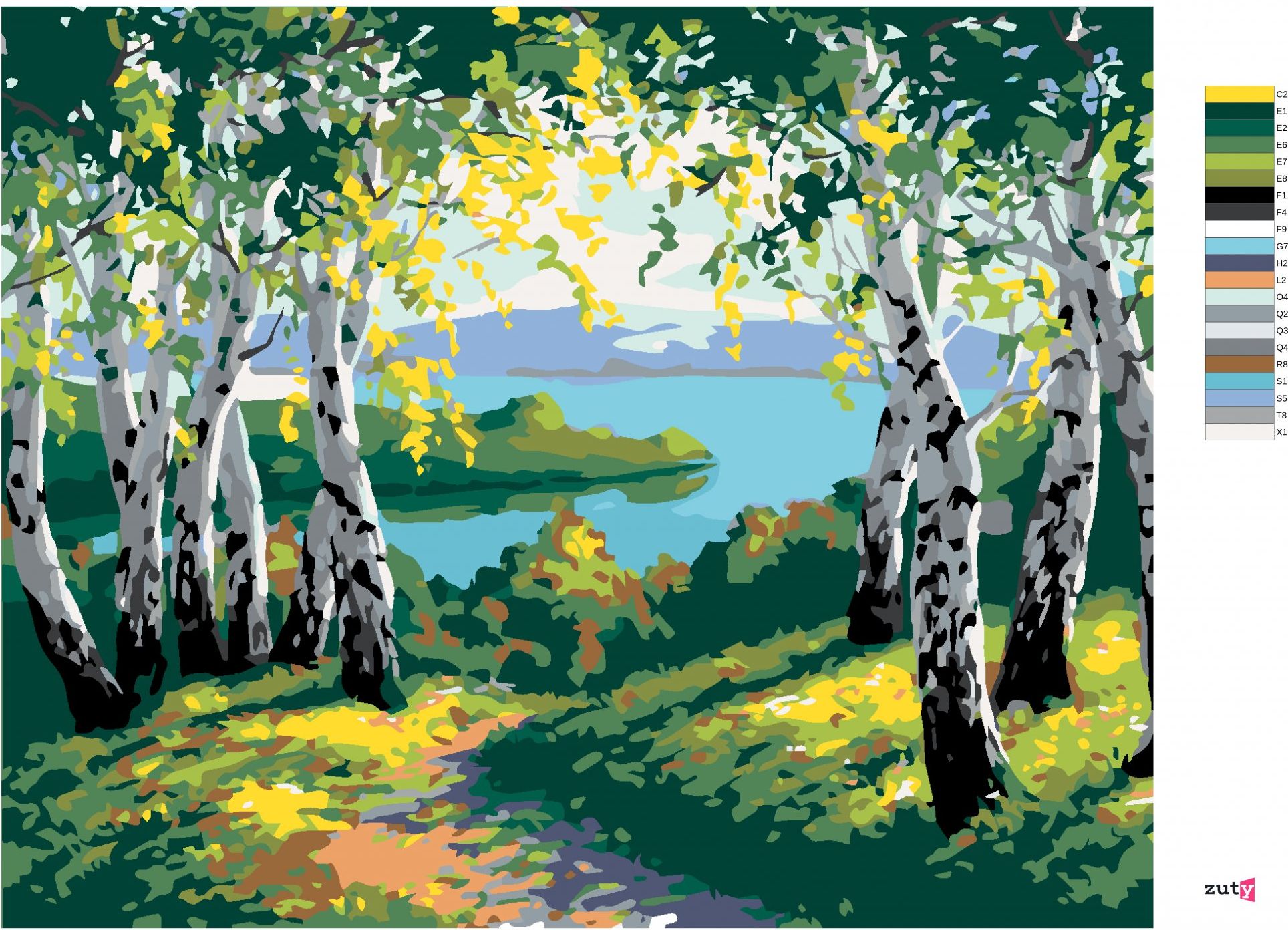 zuty Malování podle čísel - PODZIMNÍ LESNÍ KRAJINA S BŘÍZAMI A ŘEKOU - Rozměr: 40x50 cm, Rámování: Varianta: vypnuté plátno na rám - obrázek 4