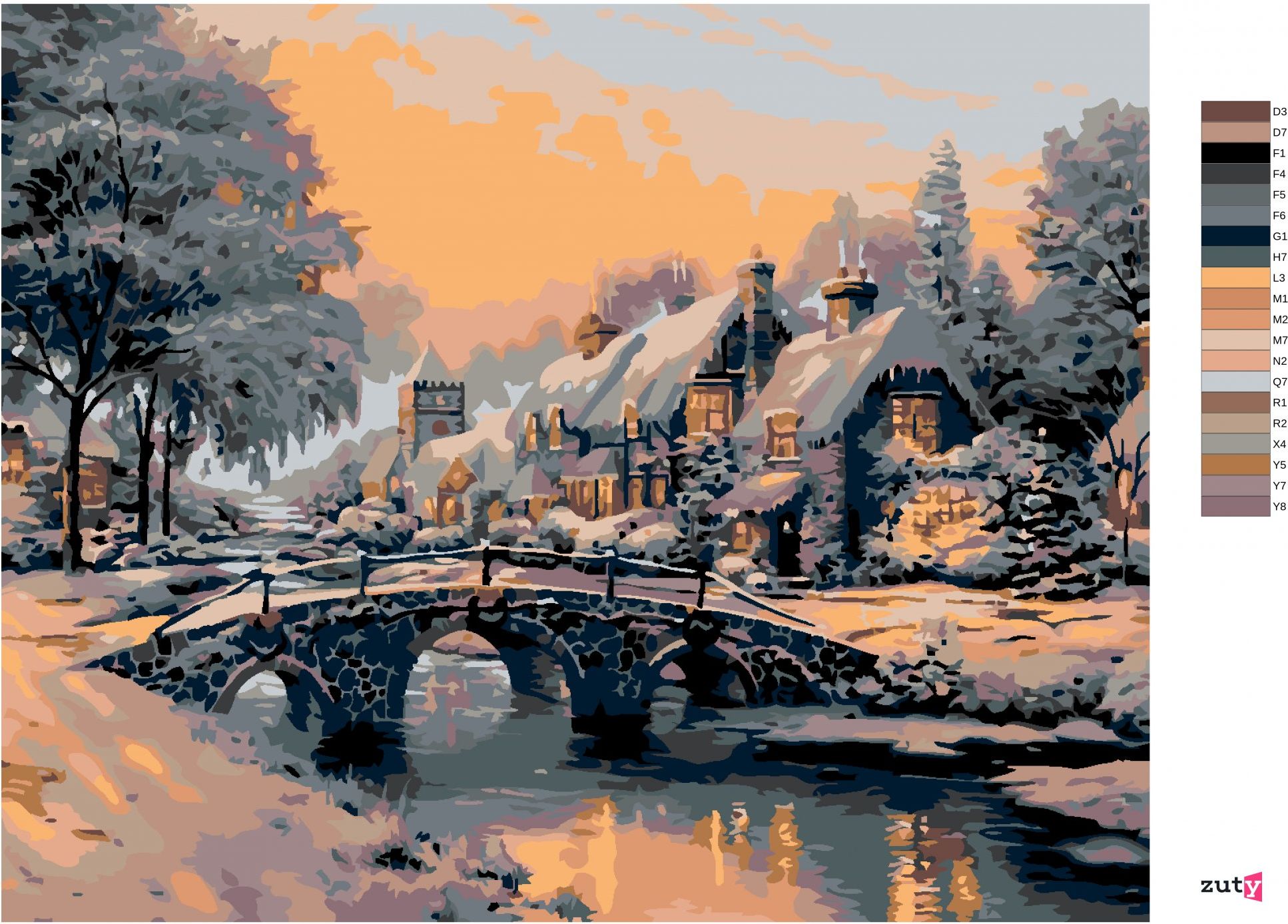 zuty Malování podle čísel - MOST PŘES ZAMRZLOU ŘÍČKU - Rozměr: 40x50 cm, Rámování: Varianta: bez rámu a bez vypnutí plátna - obrázek 2