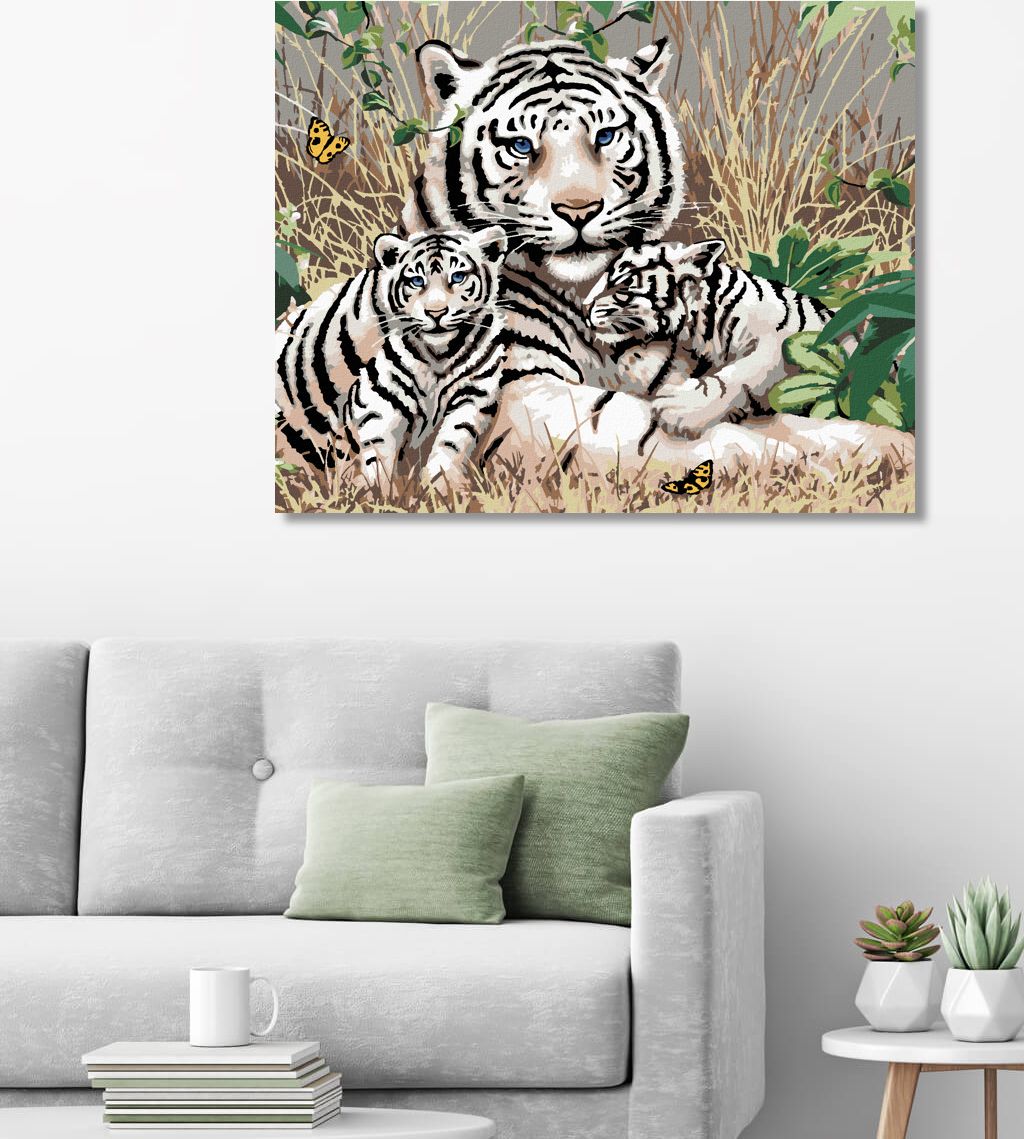 zuty Malování podle čísel - BÍLÝ TYGR A MLÁĎATA V TRÁVĚ (HOWARD ROBINSON) - Rozměr: 40x50 cm, Rámování: Varianta: vypnuté plátno na rám - obrázek 2