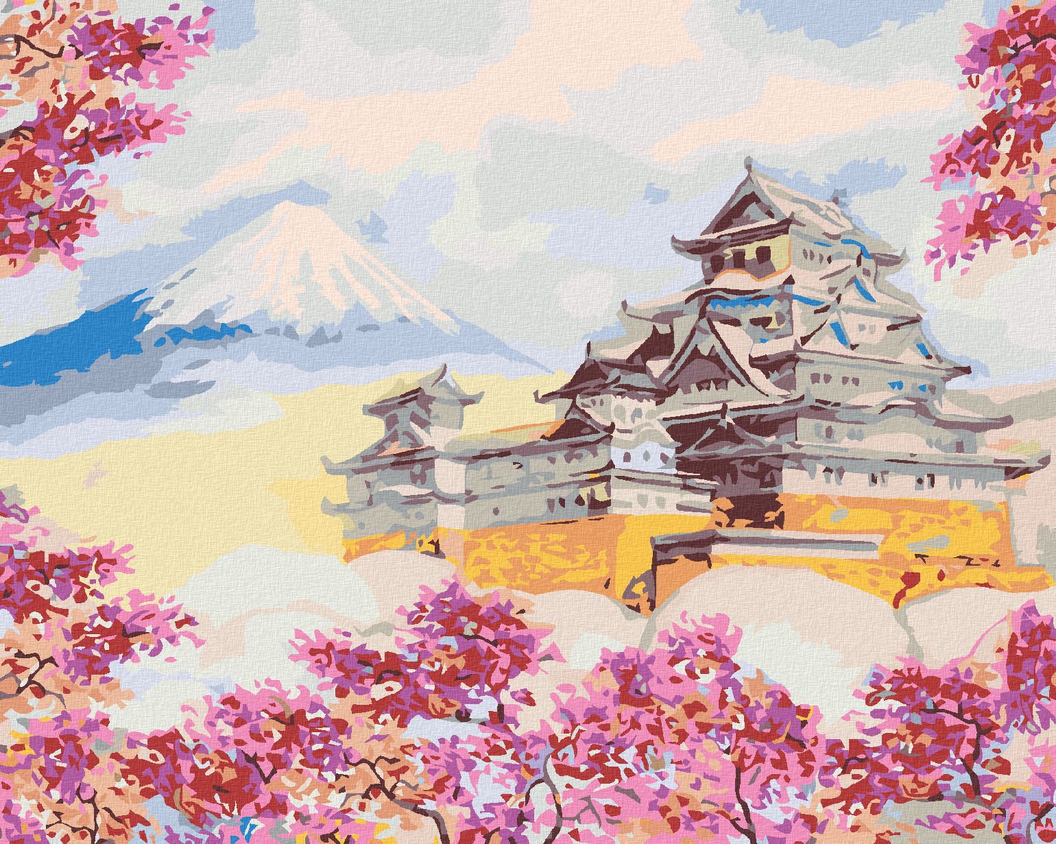 zuty Malování podle čísel - JAPONSKO CHRÁM OBKLOPENÝ KVĚTINAMI - Rozměr: 40x50 cm, Rámování: Varianta: bez rámu a bez vypnutí plátna - obrázek 1