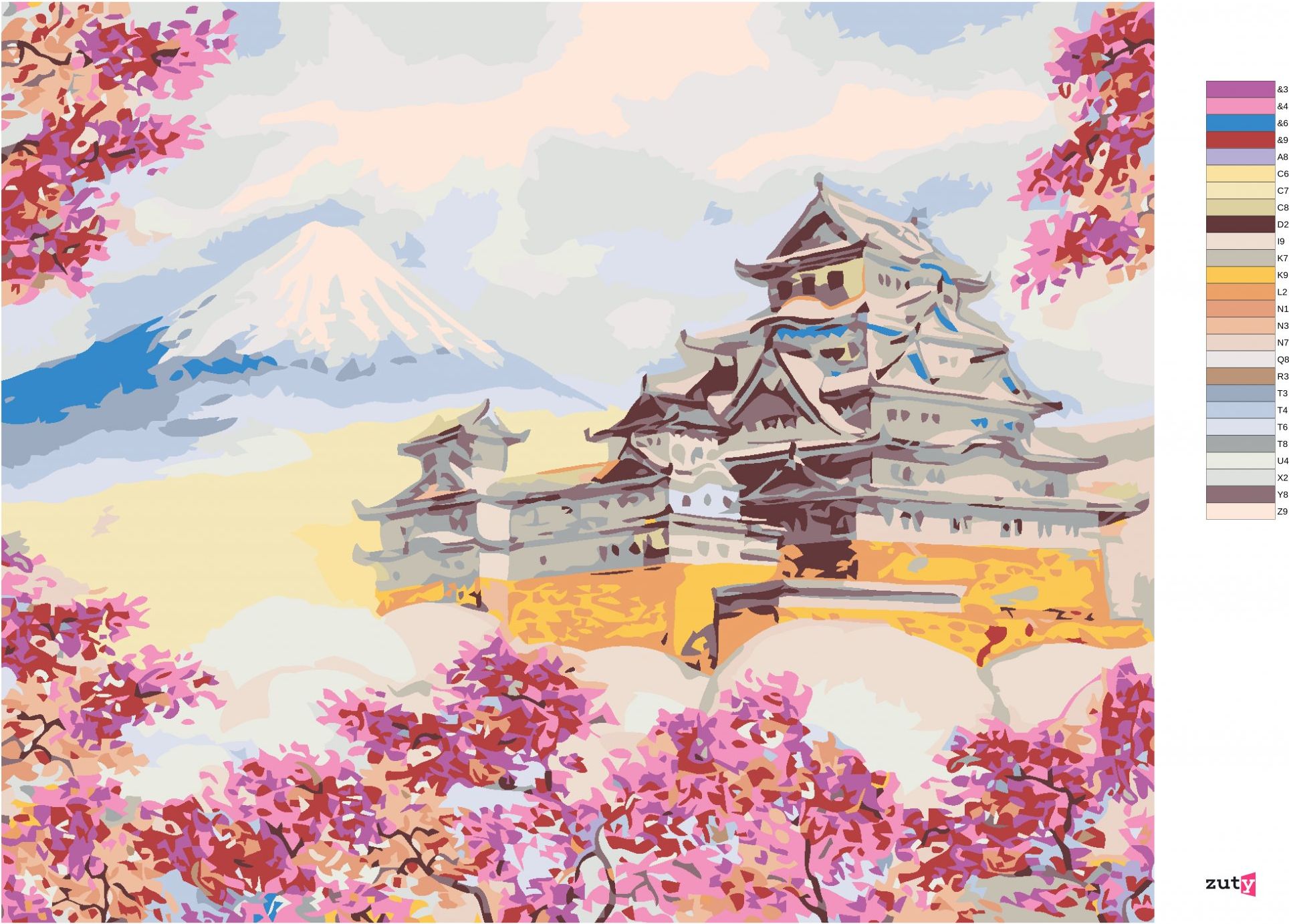 zuty Malování podle čísel - JAPONSKO CHRÁM OBKLOPENÝ KVĚTINAMI - Rozměr: 40x50 cm, Rámování: Varianta: bez rámu a bez vypnutí plátna - obrázek 5