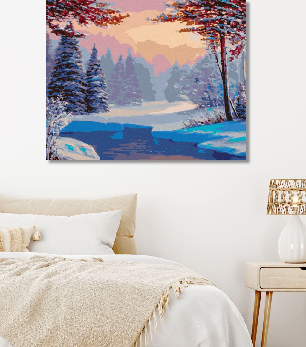 zuty Malování podle čísel - ZASNĚŽENÁ KRAJINA S ŘEKOU - Rozměr: 40x50 cm, Rámování: Varianta: bez rámu a bez vypnutí plátna - obrázek 3