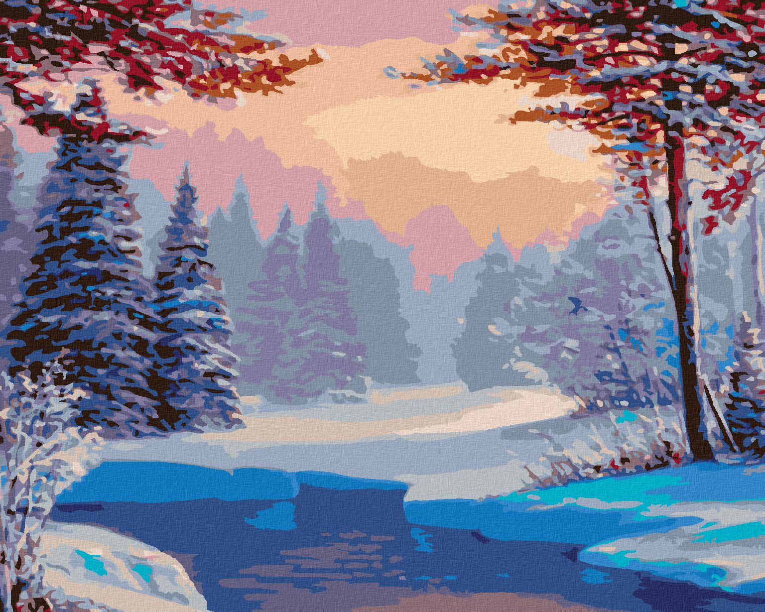 zuty Malování podle čísel - ZASNĚŽENÁ KRAJINA S ŘEKOU - Rozměr: 40x50 cm, Rámování: Varianta: vypnuté plátno na rám - obrázek 1