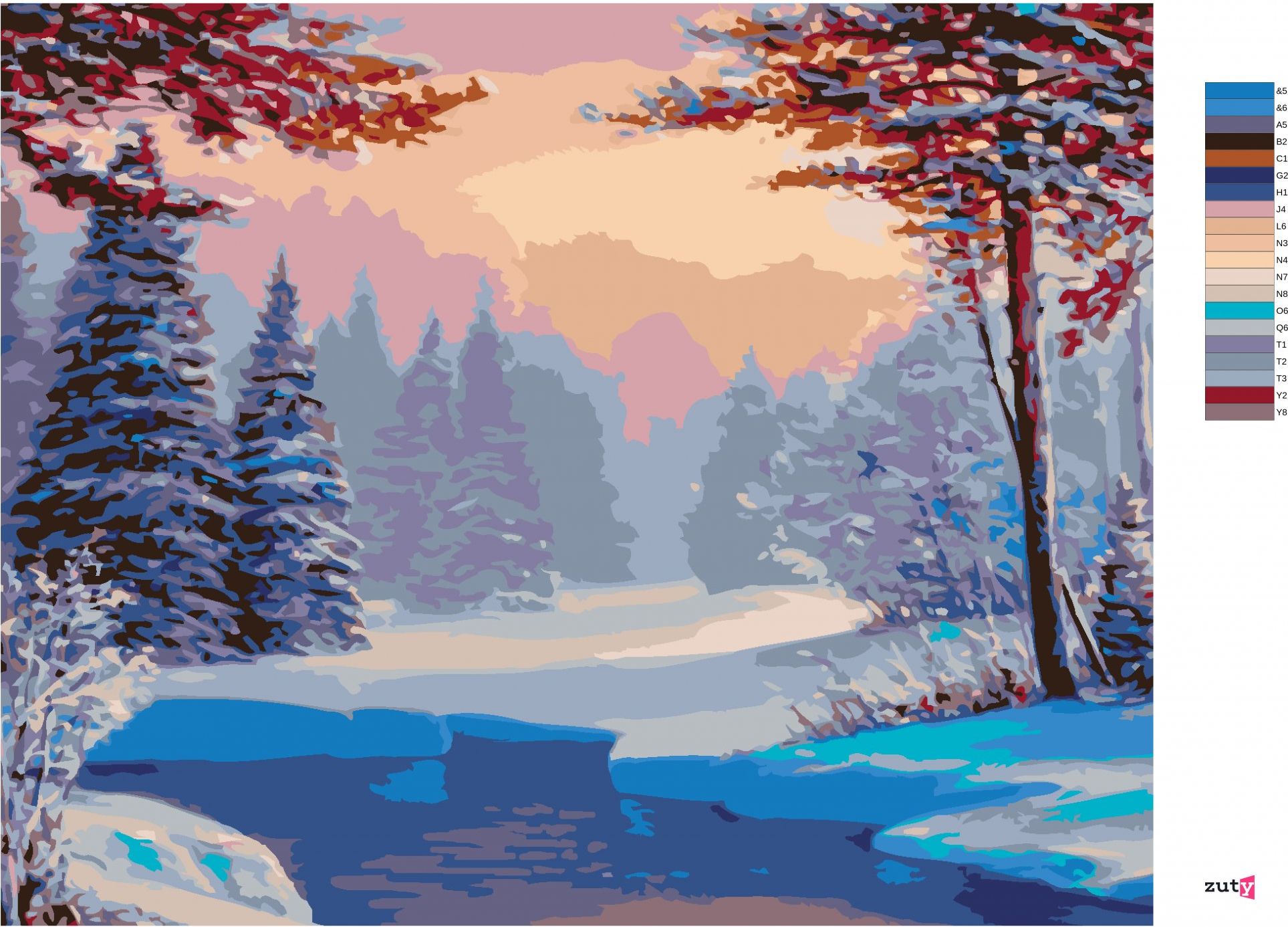zuty Malování podle čísel - ZASNĚŽENÁ KRAJINA S ŘEKOU - Rozměr: 40x50 cm, Rámování: Varianta: vypnuté plátno na rám - obrázek 2