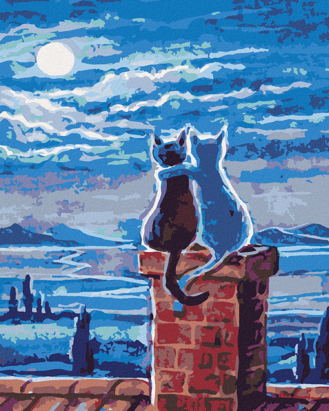 zuty Malování podle čísel - KOČKY NA STŘEŠE A MĚSÍC - Rozměr: 40x50 cm, Rámování: Varianta: vypnuté plátno na rám - obrázek 1