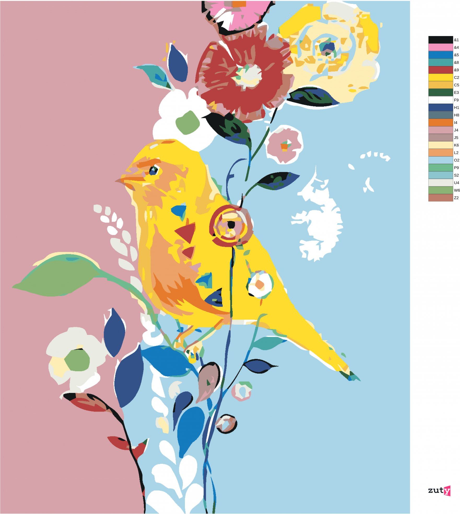 zuty Malování podle čísel - ŽLUTÝ PTÁČEK S KVĚTINAMI - Rozměr: 40x50 cm, Rámování: Varianta: bez rámu a bez vypnutí plátna - obrázek 4