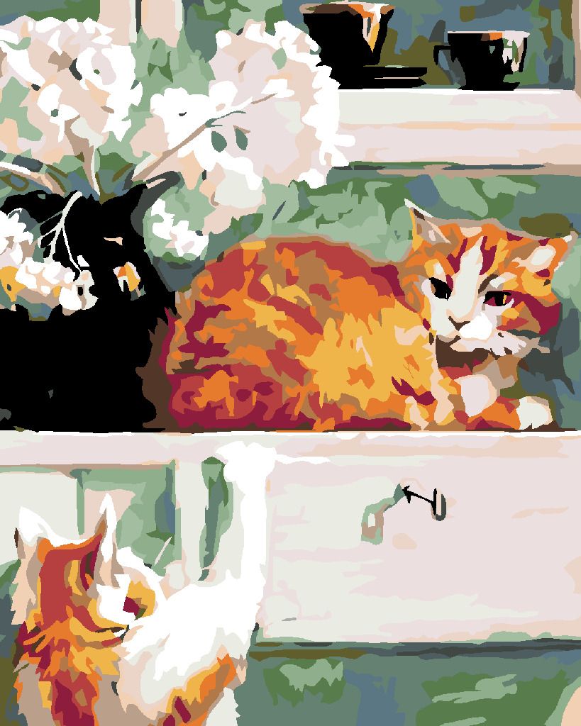 zuty Malování podle čísel - KOČKY POD OKNEM - Rozměr: 40x50 cm, Rámování: Varianta: bez rámu a bez vypnutí plátna - obrázek 2