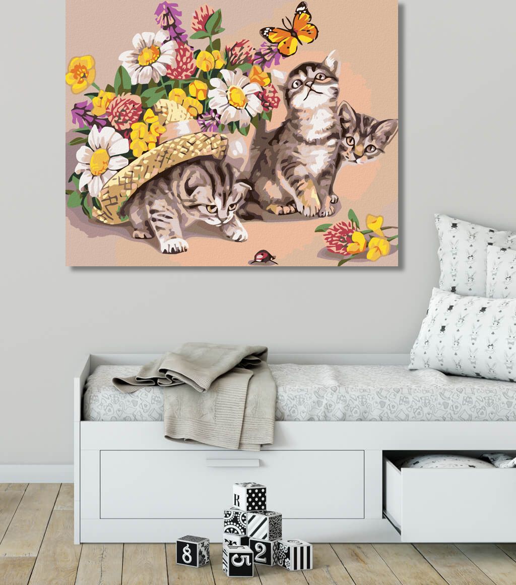 zuty Malování podle čísel - KOŤATA S KLOBOUKEM A KVĚTINAMI - Rozměr: 40x50 cm, Rámování: Varianta: bez rámu a bez vypnutí plátna - obrázek 2