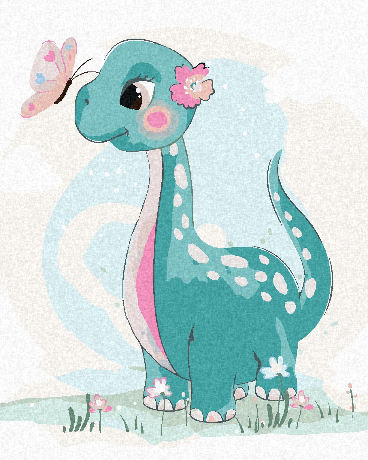 zuty Malování podle čísel - DINOSAURUS S MOTÝLKEM - Rozměr: 40x50 cm, Rámování: Varianta: vypnuté plátno na rám - obrázek 1