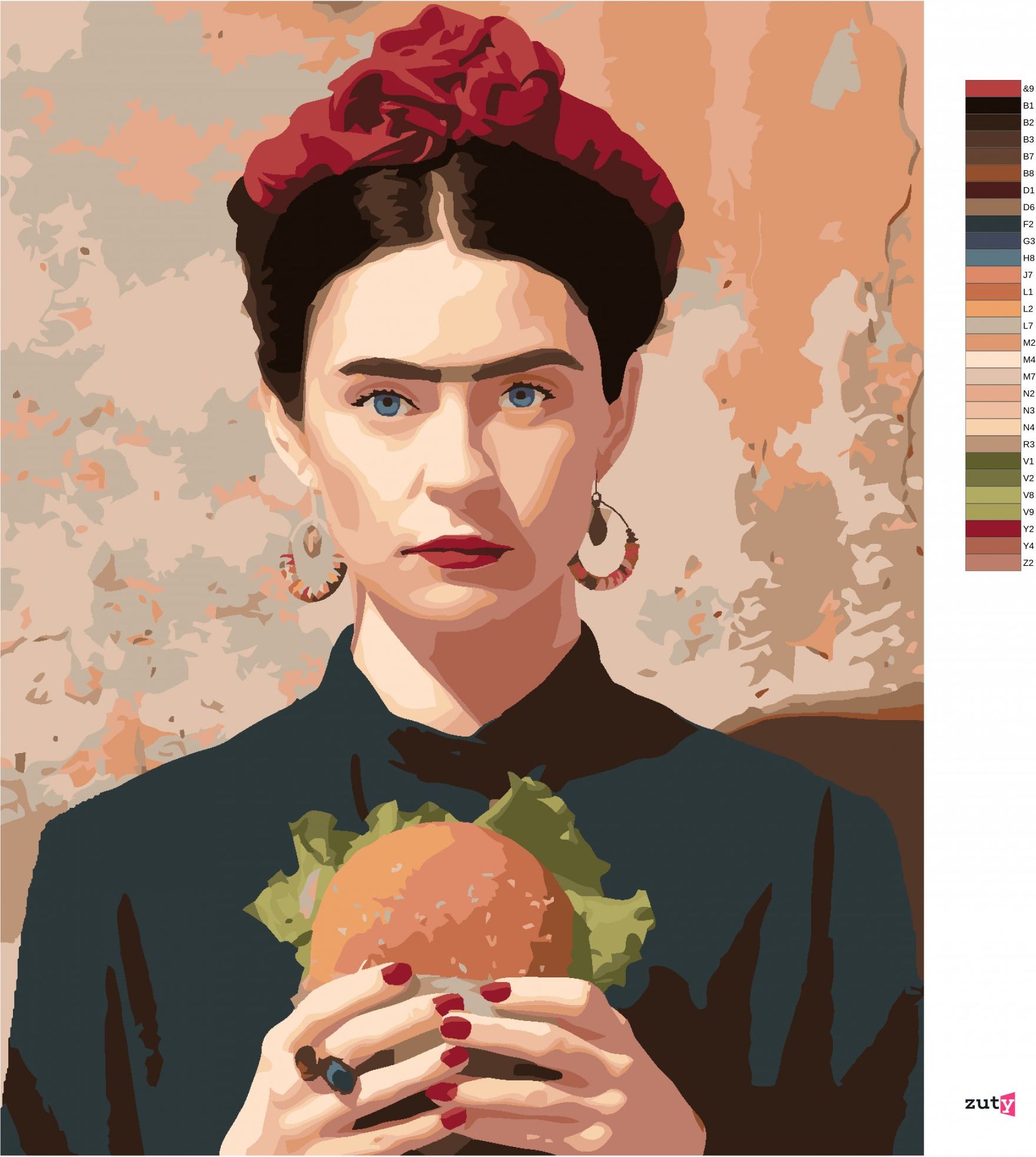 zuty Malování podle čísel - FRIDA KAHLO A HAMBURGER - Rozměr: 40x50 cm, Rámování: Varianta: bez rámu a bez vypnutí plátna - obrázek 6