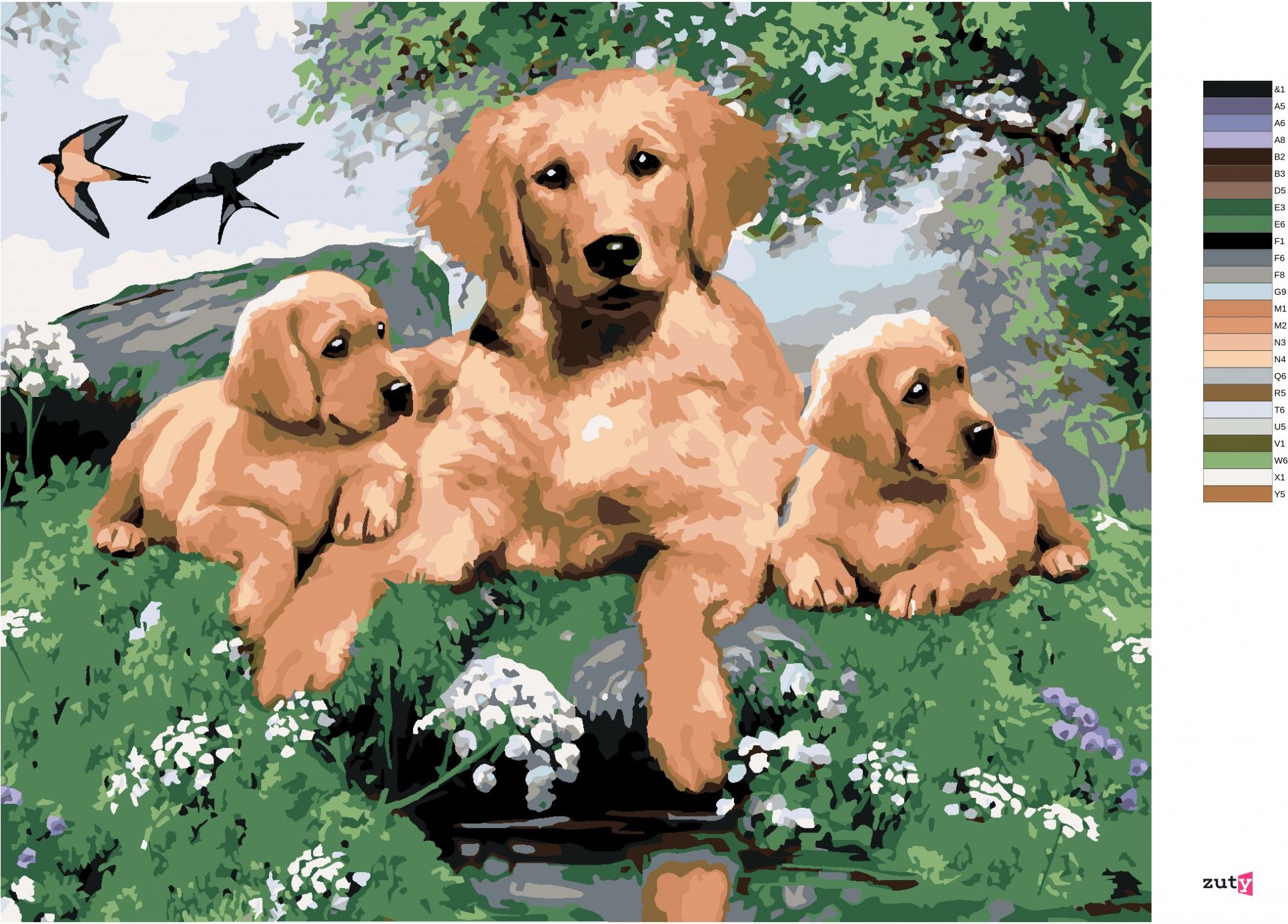 zuty Malování podle čísel - ZLATÝ RETRÍVR A ŠTĚŇATA (HOWARD ROBINSON) - Rozměr: 40x50 cm, Rámování: Varianta: vypnuté plátno na rám - obrázek 8